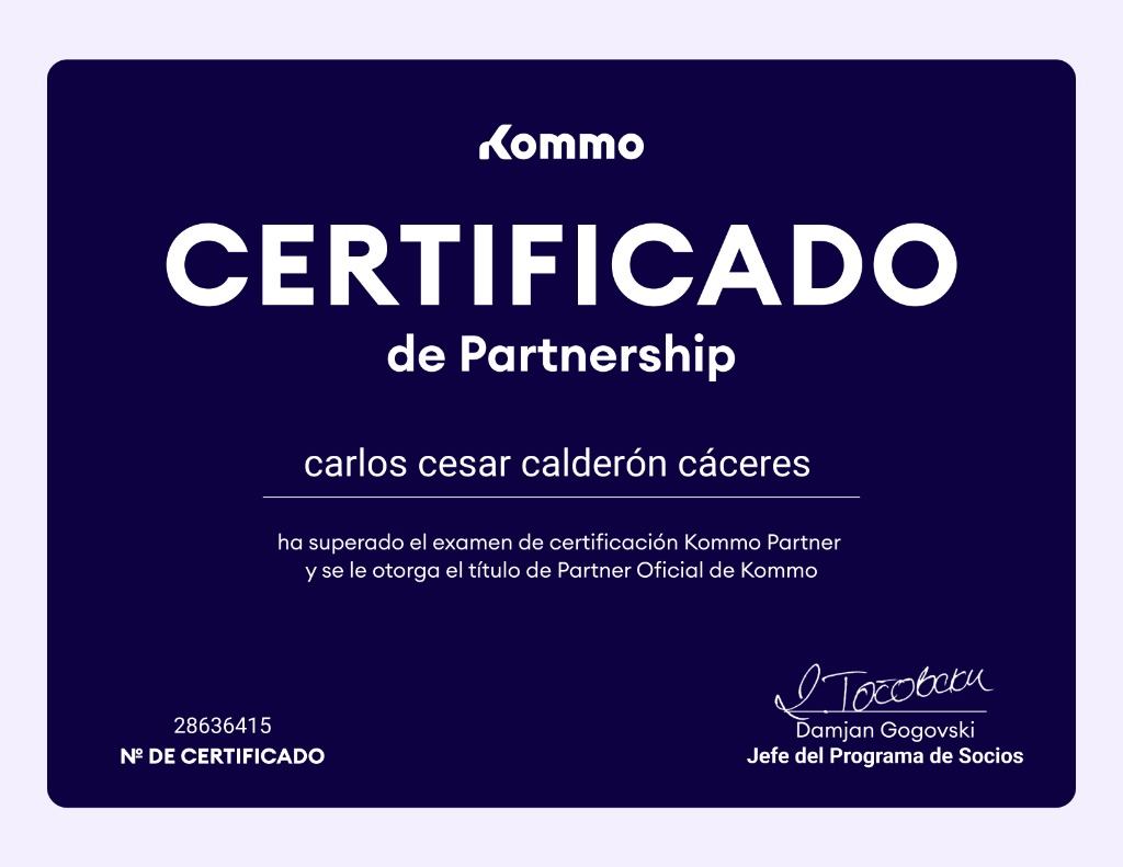 Certificaci&oacute;n oficial de Kommo CRM a nombre de Carlos Calder&oacute;n