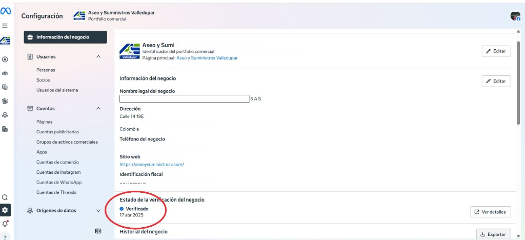 Estado de la verificación del negocio - Meta