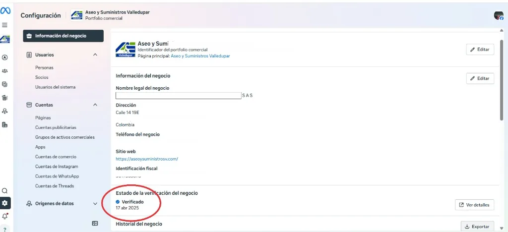 Estado de la verificación del negocio - Meta